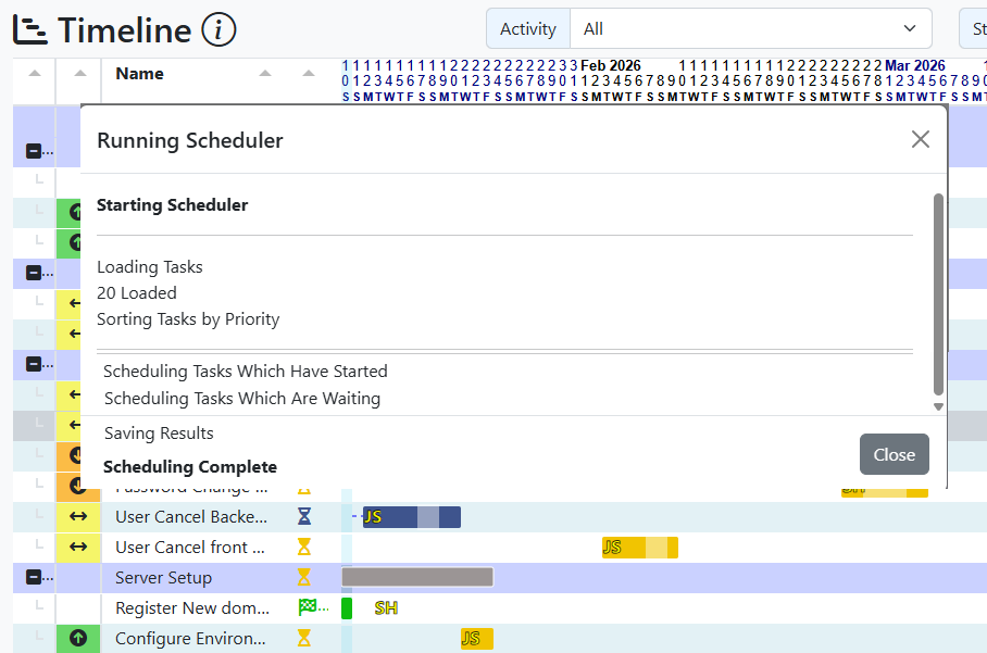 Scheduling task management screen